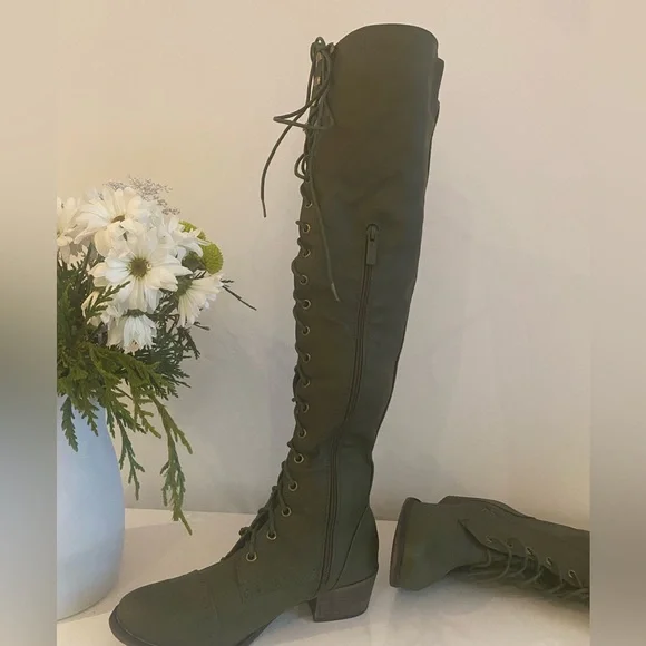 2 for 25 Lace up Knee thigh high green faux leather boots size 37